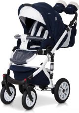 Детская коляска 2 в 1 Riko Brano Ecco 11 Navy (белая кожа – т.синяя ткань)